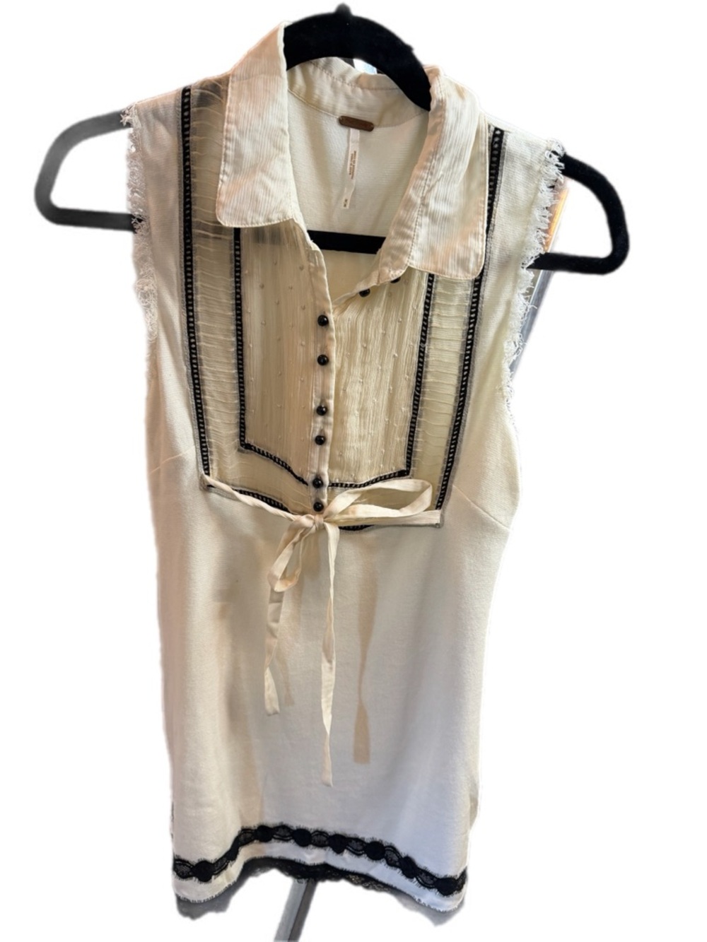 Free People Cream Boho Mini Dress Lace Trim Bib Front Tie Waist Size M - Picture 2 of 10